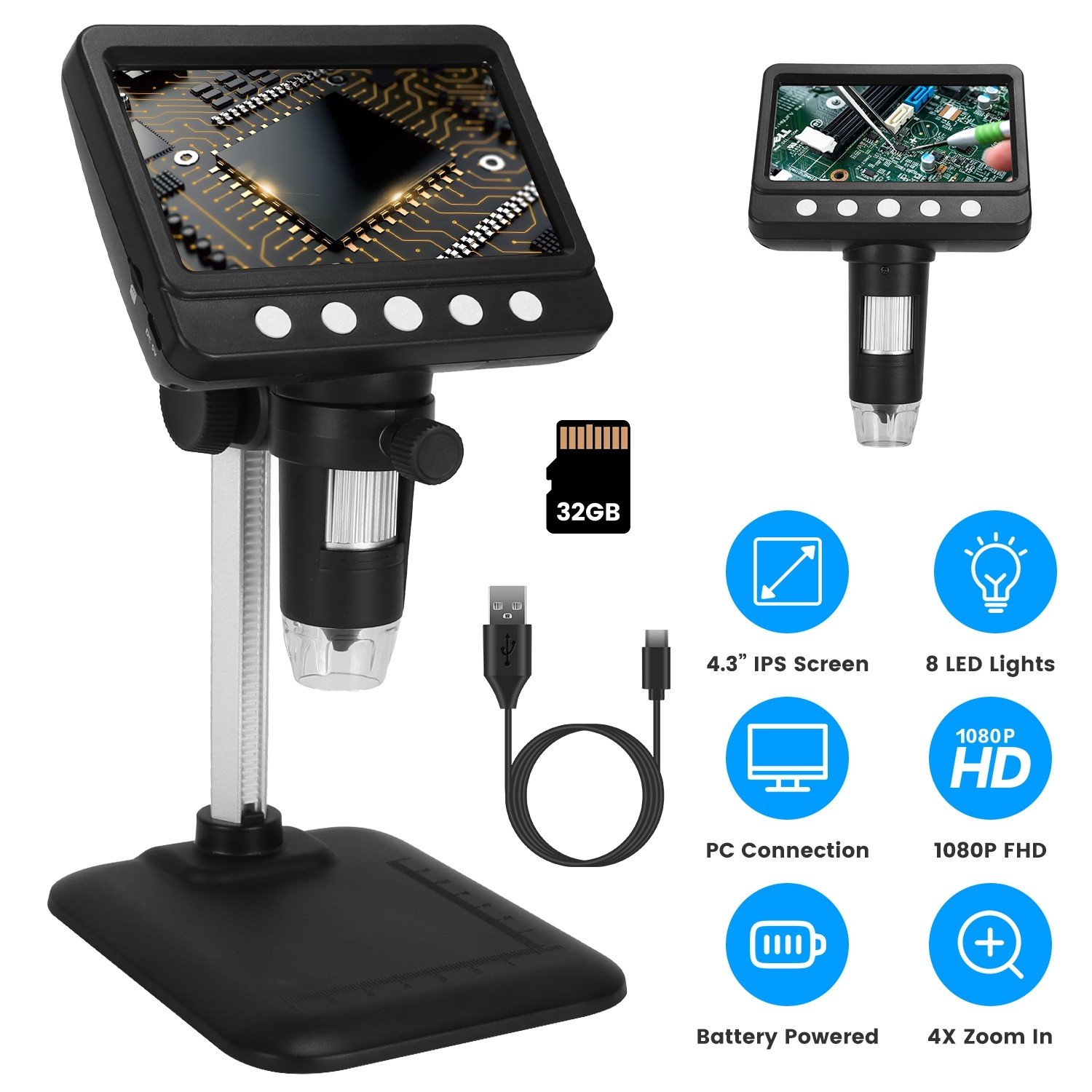 Digital Microscope 1000X 1080P Photo Coin Magnifier 4.3" LCD Screen W/ 32GB Card 730056001316 - Image 3