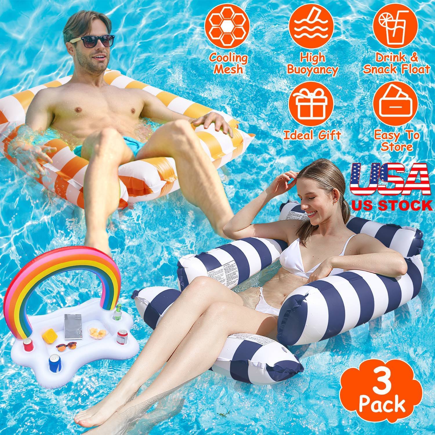 3 Pack Inflatable Pool Float Hammock Chairs Lounge Water Fun Drink & Snack Float 730056002771