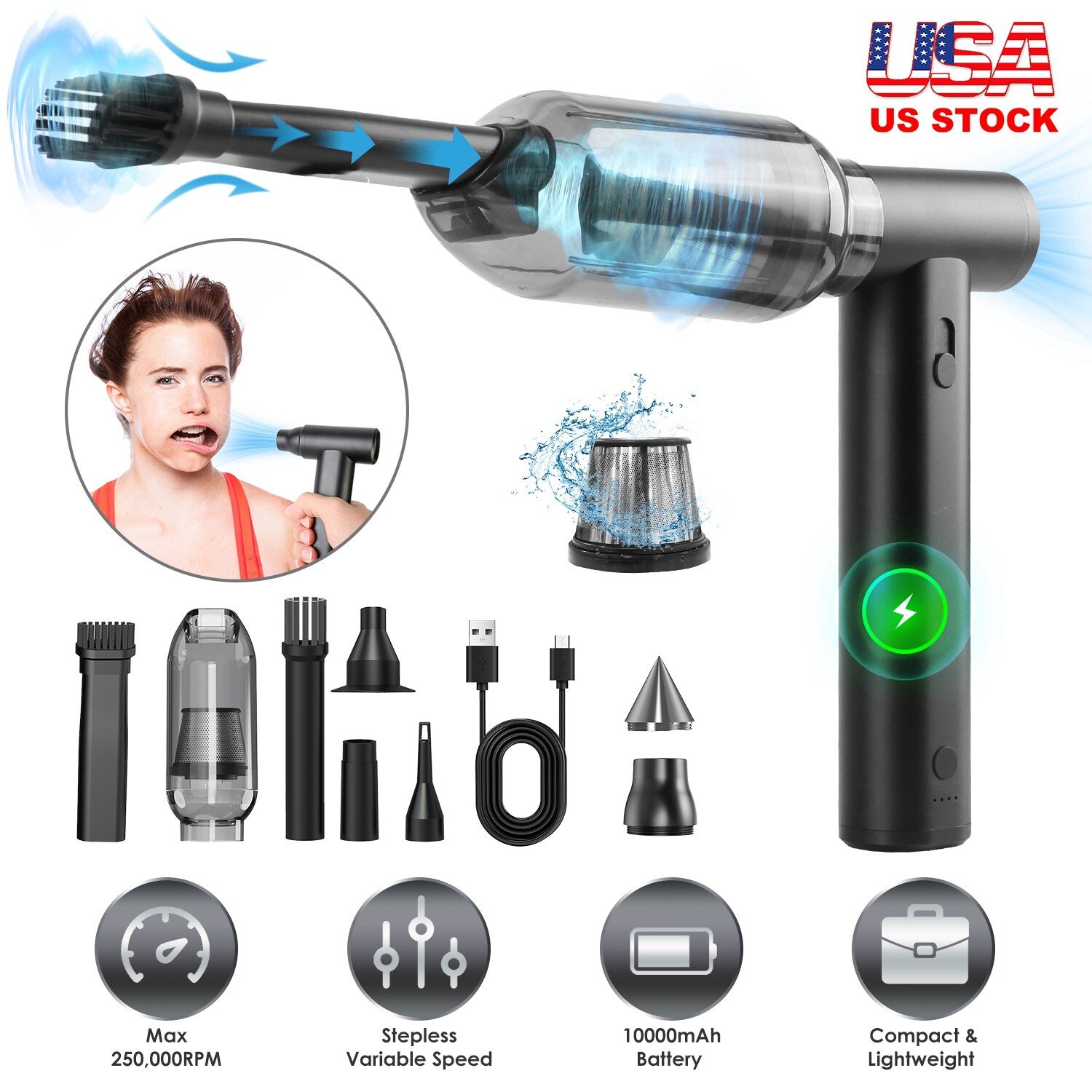 Compressed Air Duster-250000RPM Electric Cordless Dust Blower Vacuum Cleaner - Image 2