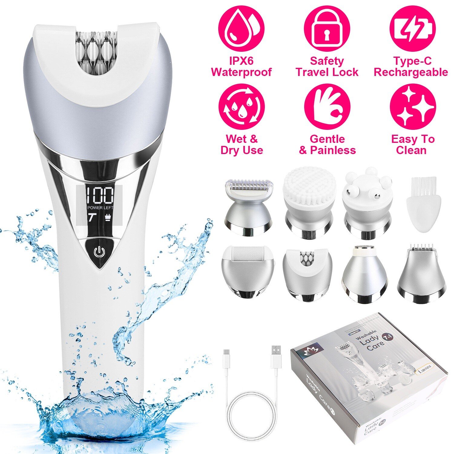 7In1 Lady Shaver Bikini Electric Razors for Women Wet Dry Hair Removal Epilators