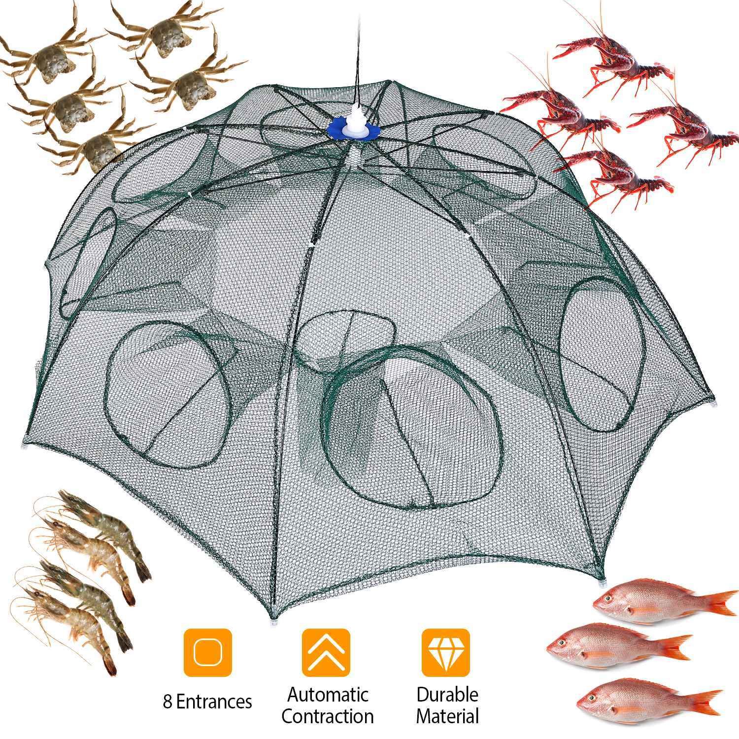 Foldable Nylon Fishing Bait Net Trap Crab Net Shrimp Fish Cast Dip Cage 8 Holes