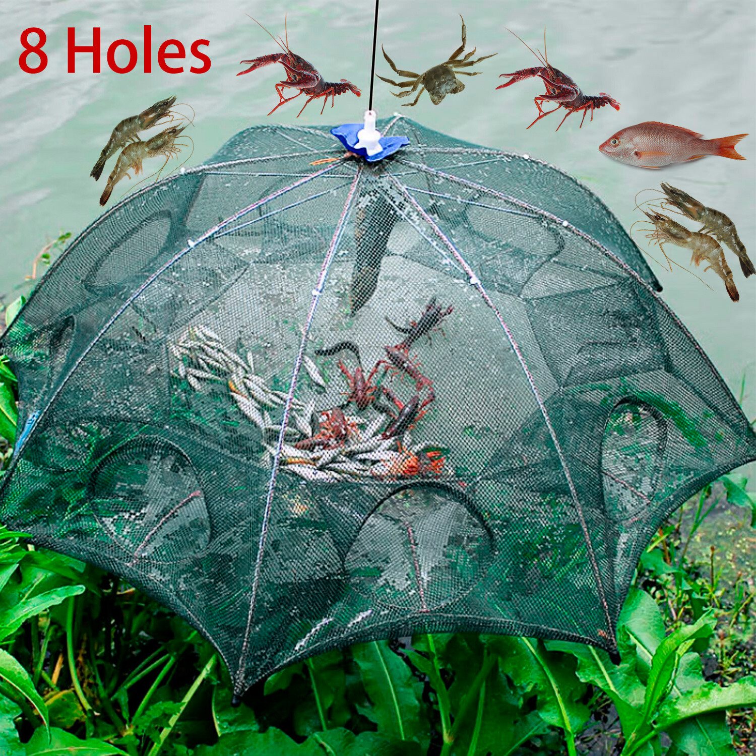 Foldable Nylon Fishing Bait Net Trap Crab Net Shrimp Fish Cast Dip Cage 8 Holes - Image 3