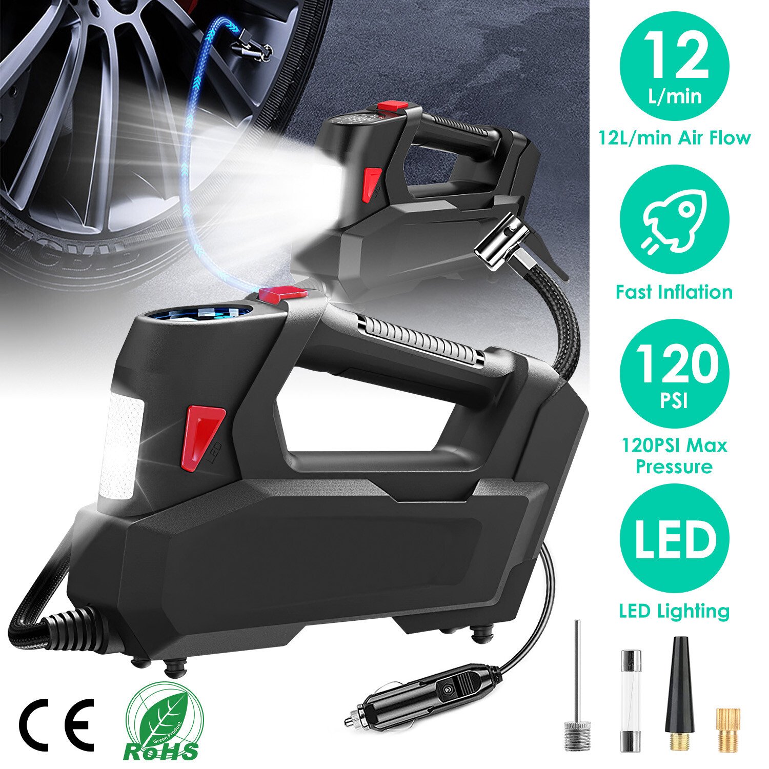 12V 120PSI Auto Tire Inflator Pump with LED Light Automatic Digital Display Set