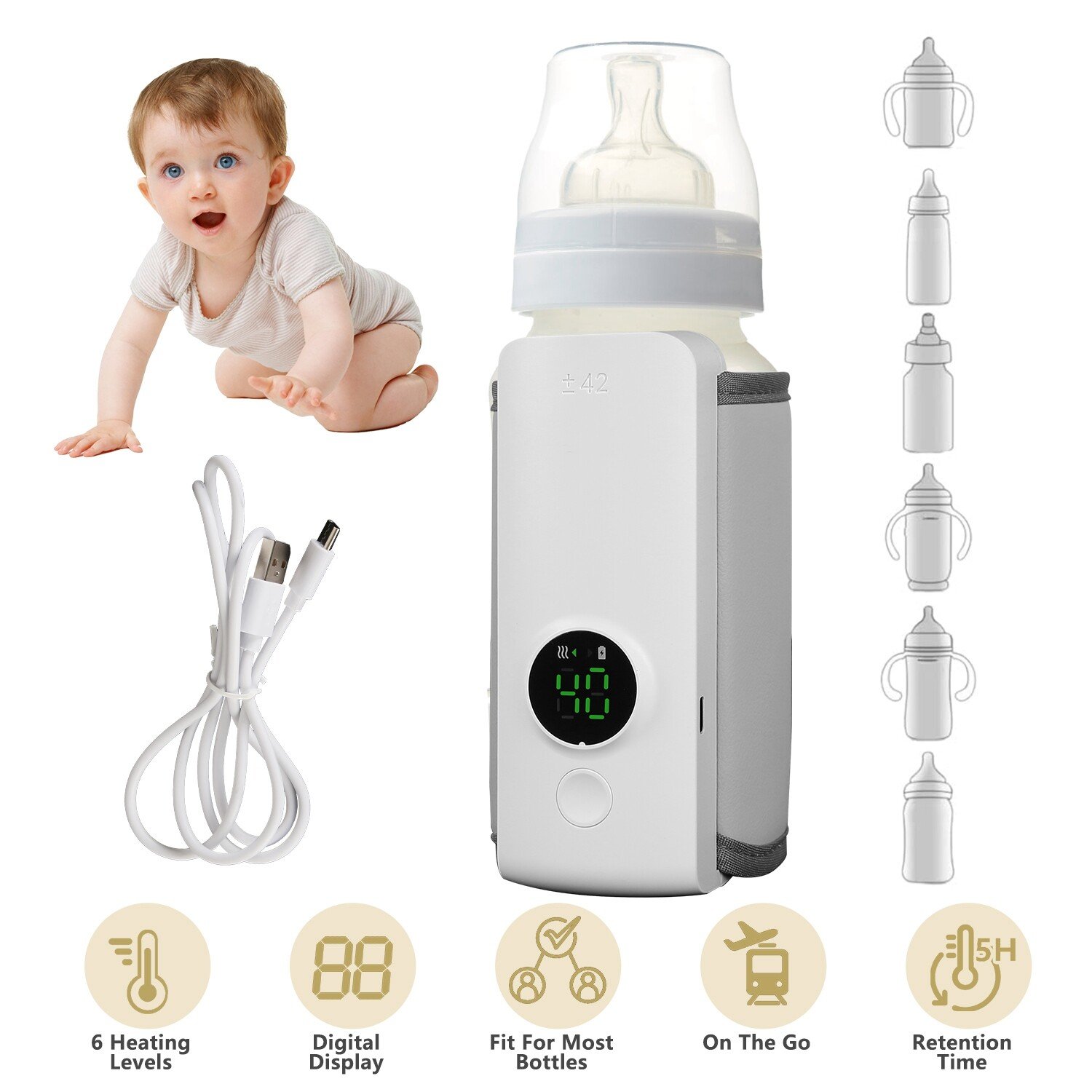 Portable Bottle Warmer for Travel 6 Heating Levels Baby Milk Warmer Rechargeable - Image 3