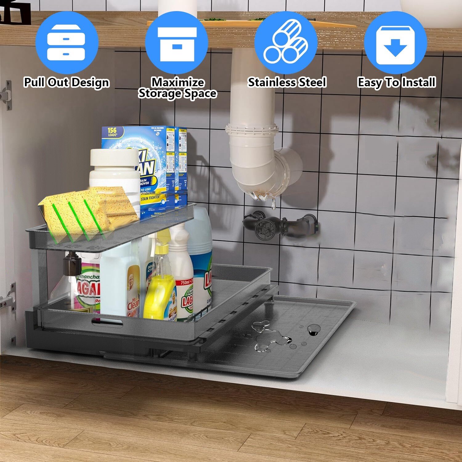 Pull-Out Under Sink Organizer 2-Tier Slide Out Storage Shelves Cabinet Organizer - Image 2