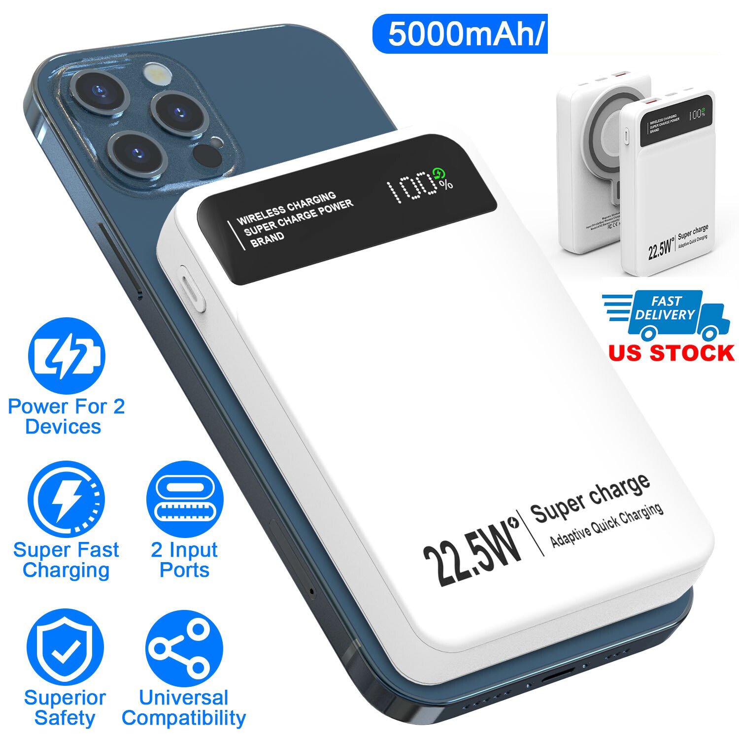5000mAh Power Bank Magnetic Wireless Charging for iPhone 13/14/15 Pro