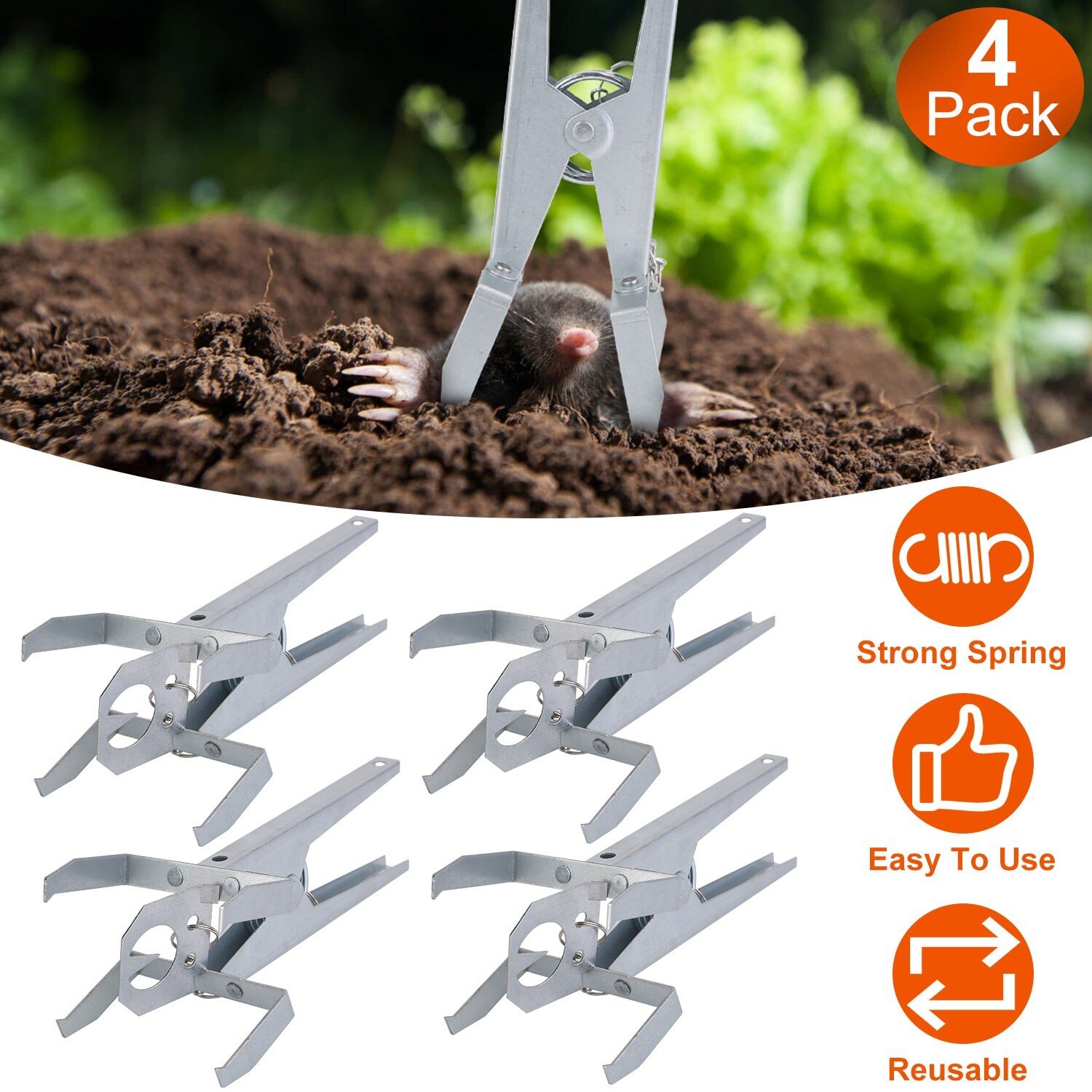 4 Packs Mole Traps W/ Scissor Jaw Mole Clip Repeller for Field Garden Reusable