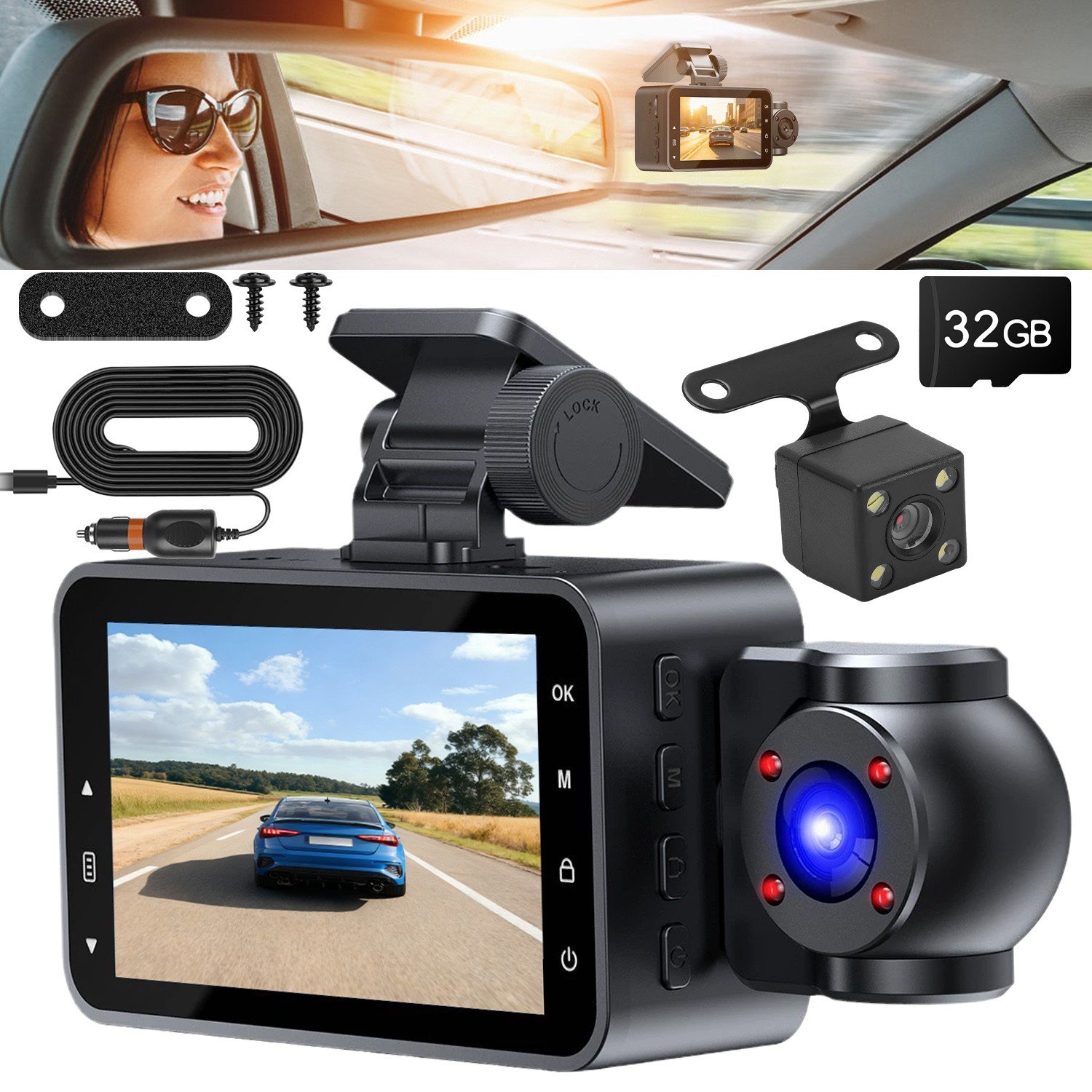 1080P Car Dash Cam 3-Channel WiFi Front Rear Inside Recorder Night Vision w/ 32G 730056004515