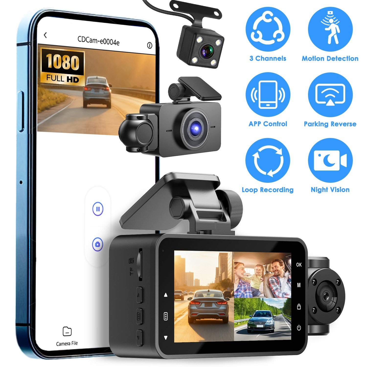 1080P Car Dash Cam 3-Channel WiFi Front Rear Inside Recorder Night Vision w/ 32G 730056004515 - Image 2