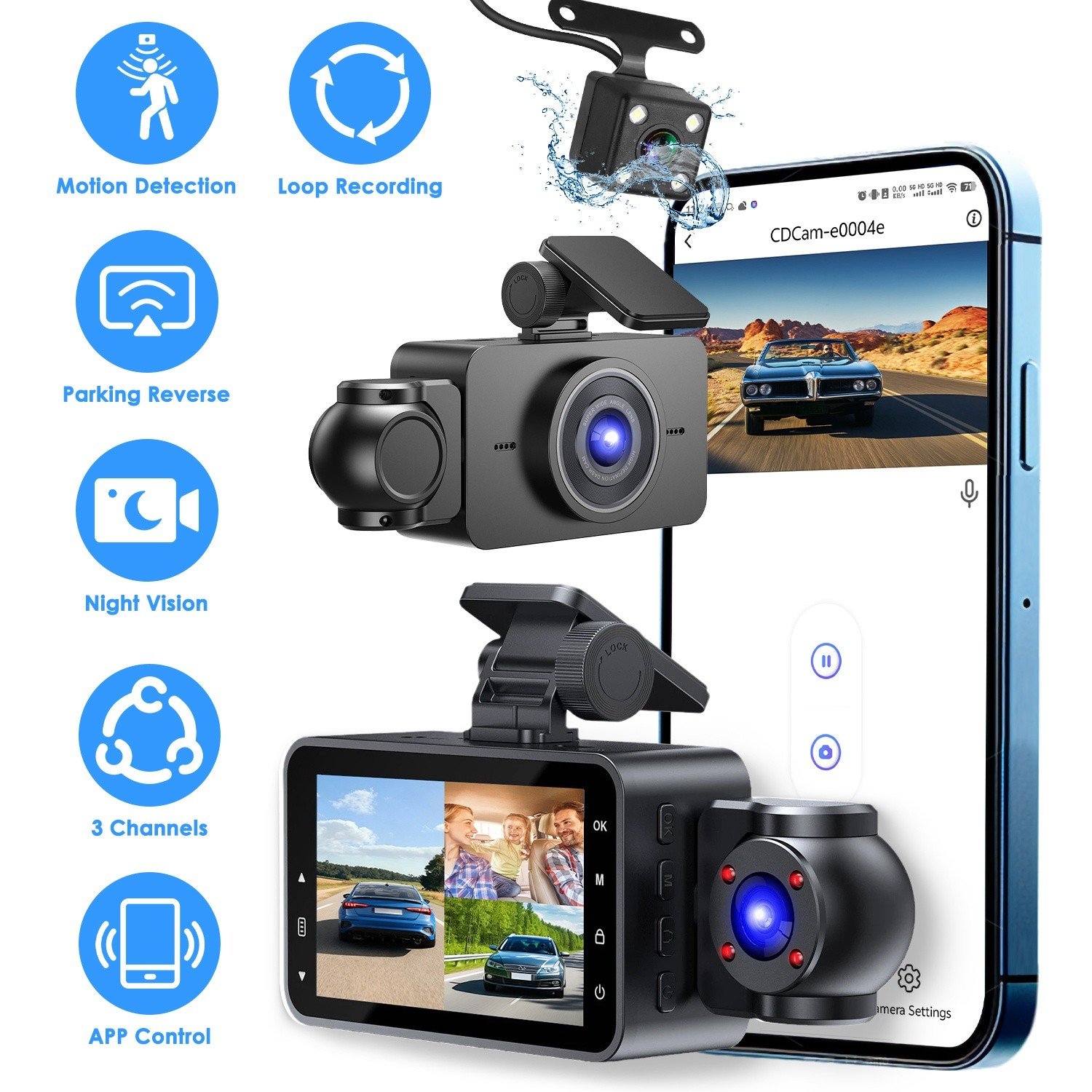 1080P Car Dash Cam 3-Channel WiFi Front Rear Inside Recorder Night Vision w/ 32G 730056004515 - Image 4