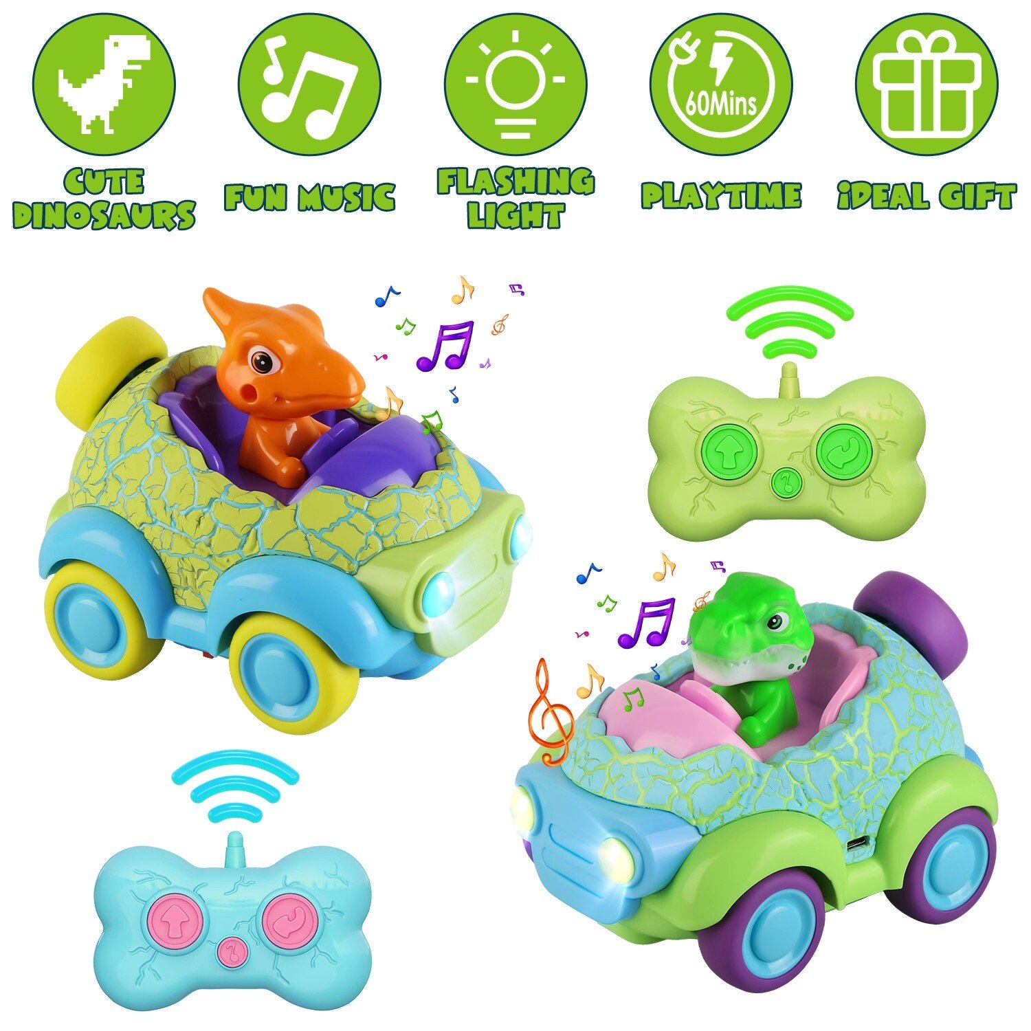 2 Pack Remote Control Dinosaur Car for Kids Toddlers Rechargeable RC Cars Light - Image 2