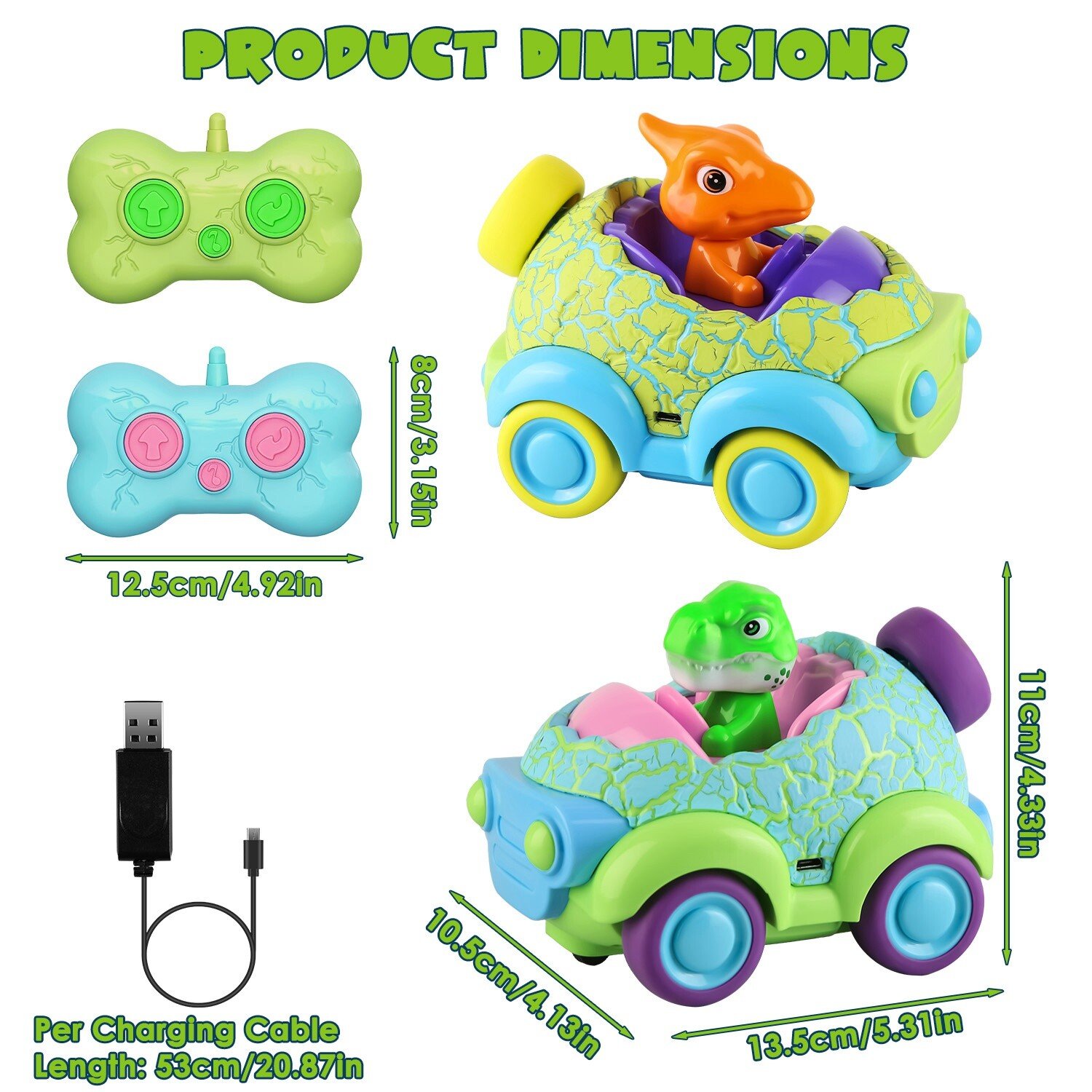 2 Pack Remote Control Dinosaur Car for Kids Toddlers Rechargeable RC Cars Light - Image 4