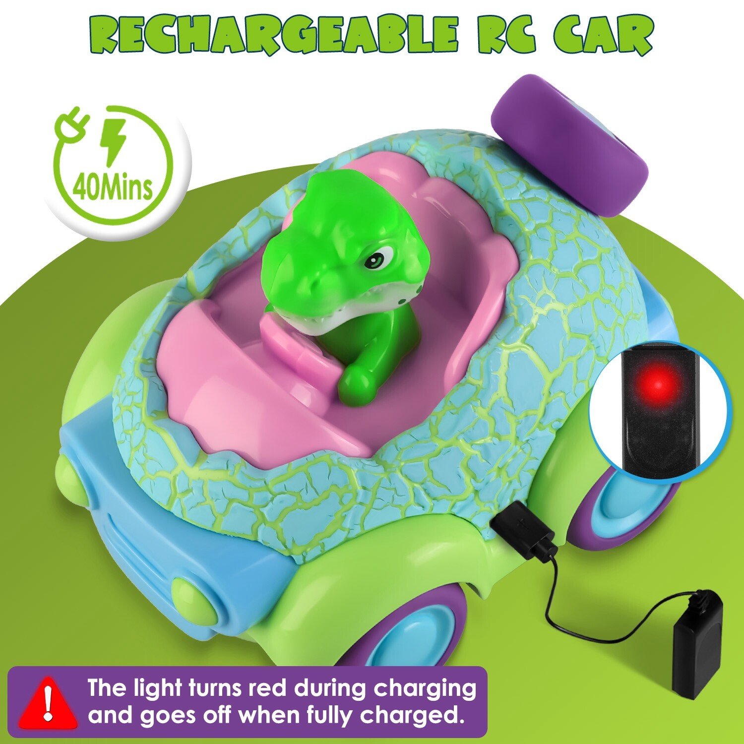 2 Pack Remote Control Dinosaur Car for Kids Toddlers Rechargeable RC Cars Light - Image 5