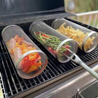 2Pcs Rolling Grill Basket BBQ Net Tube Tool W/ Mesh Cover Removable Accessories
