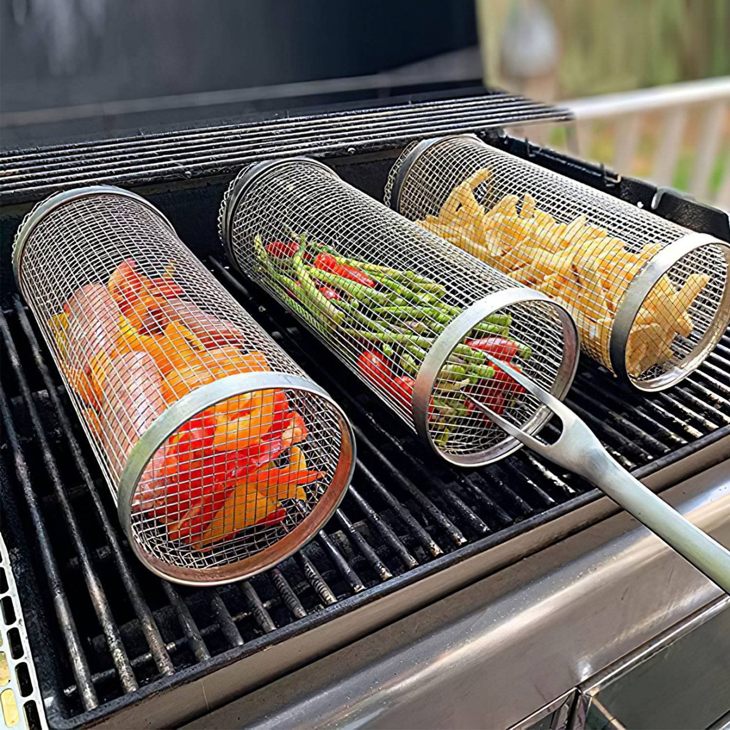 2Pcs Rolling Grill Basket BBQ Net Tube Tool W/ Mesh Cover Removable Accessories