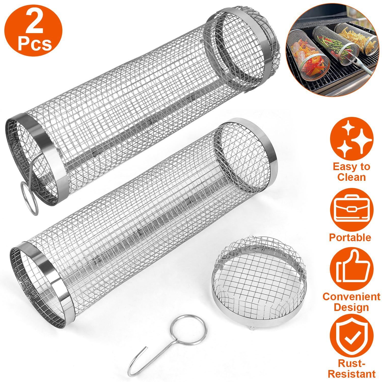 2Pcs Rolling Grill Basket BBQ Net Tube Tool W/ Mesh Cover Removable Accessories - Image 2