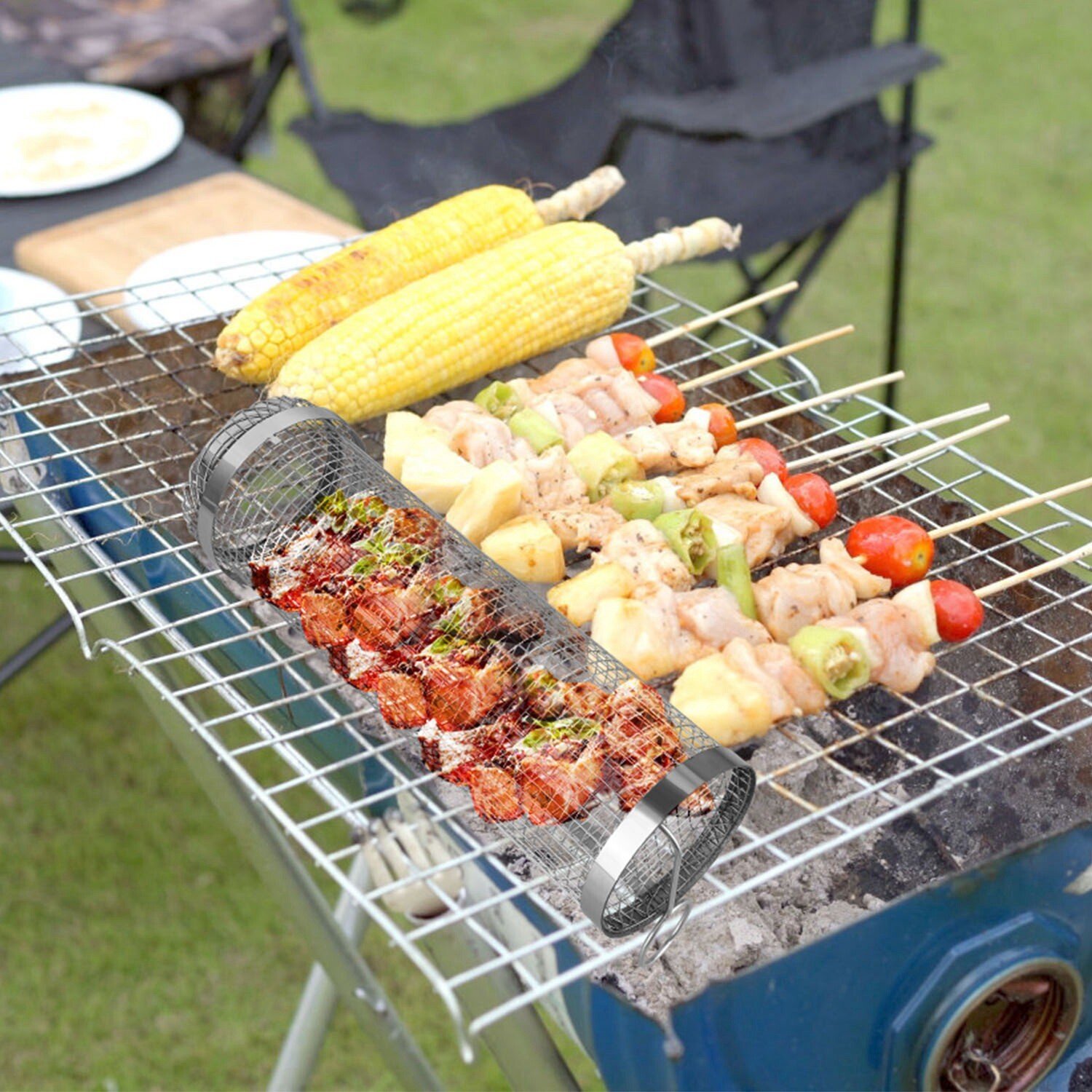 2Pcs Rolling Grill Basket BBQ Net Tube Tool W/ Mesh Cover Removable Accessories - Image 3