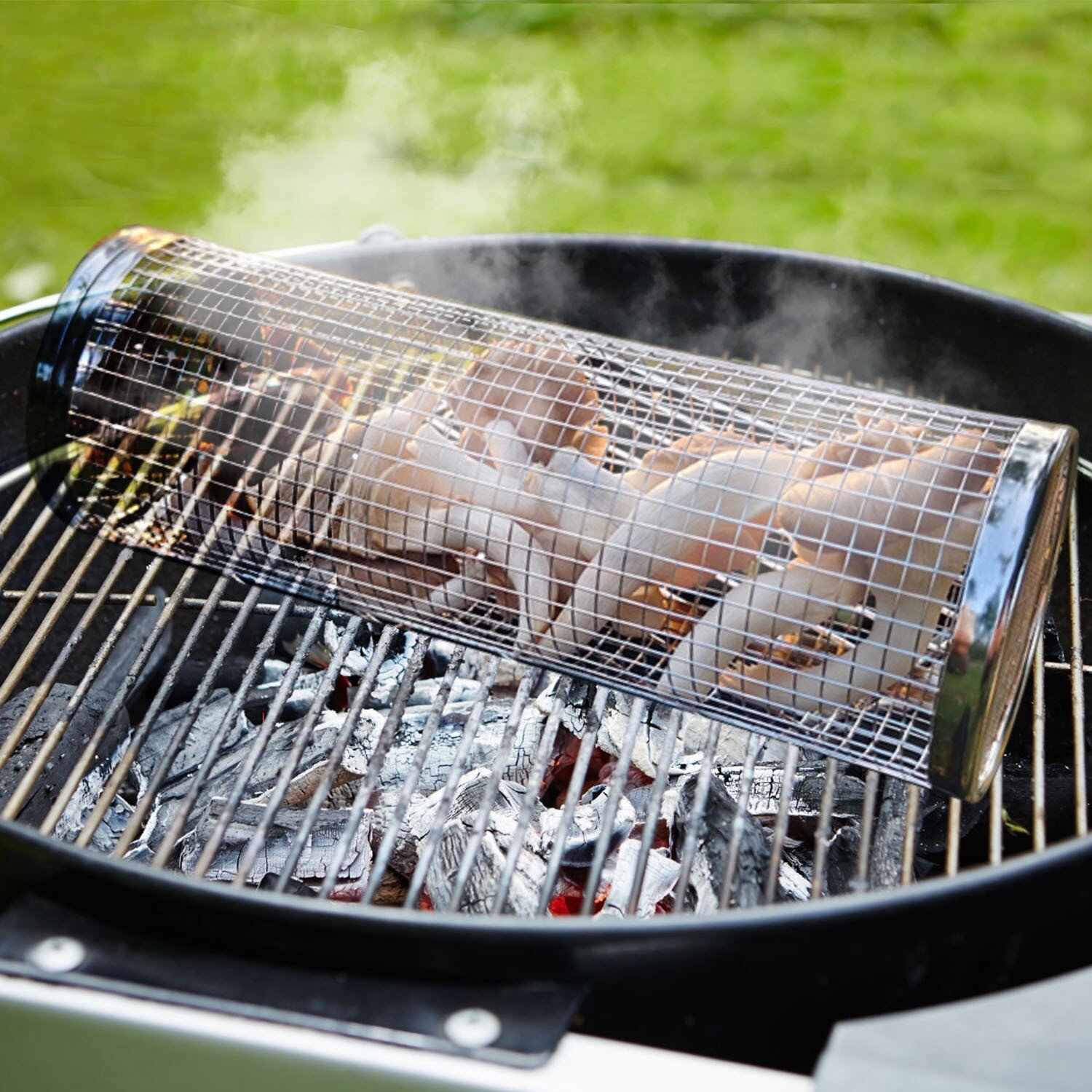 2Pcs Rolling Grill Basket BBQ Net Tube Tool W/ Mesh Cover Removable Accessories - Image 4
