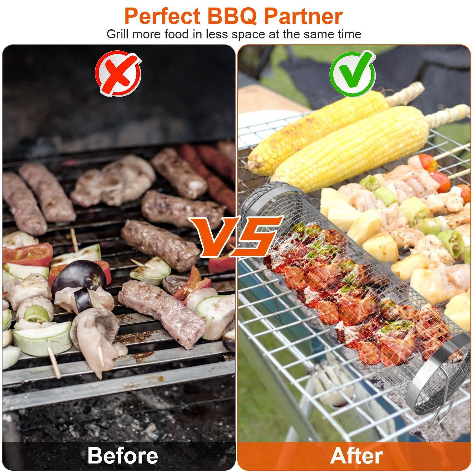 2Pcs Rolling Grill Basket BBQ Net Tube Tool W/ Mesh Cover Removable Accessories - Image 5