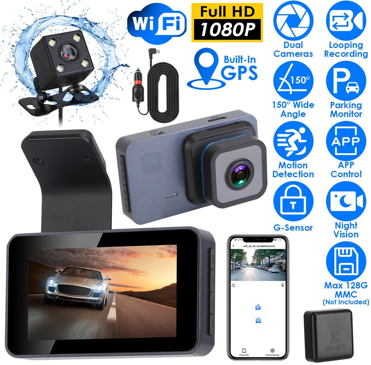 1080P WiFi GPS Dash Cam Dual Lens Vehicle Driving Recorder G-Sensor APP Parking
