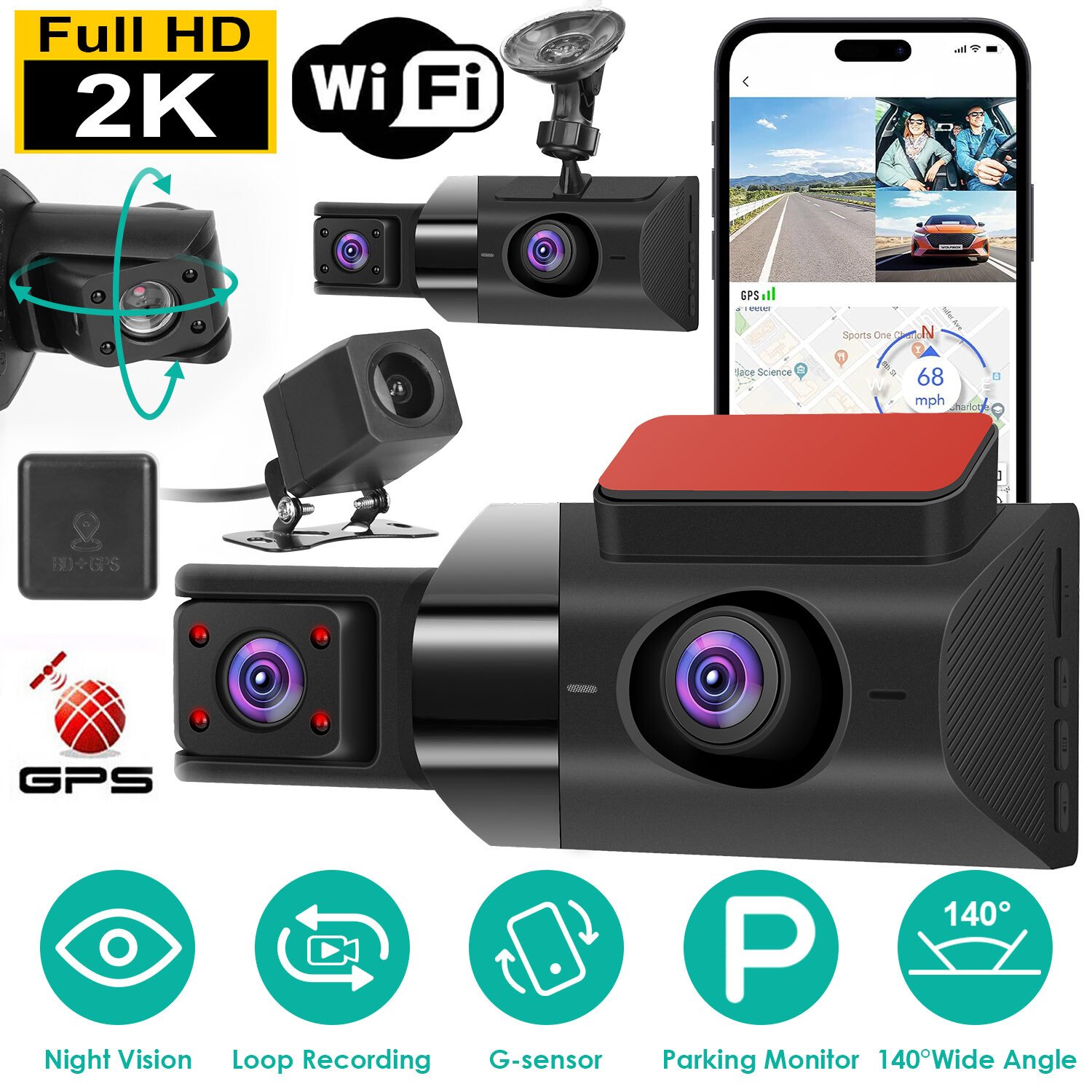 Car DVR 3 Channel Dash Cam Camcorder 2K Camera Recorder & Night Vision &G-sensor
