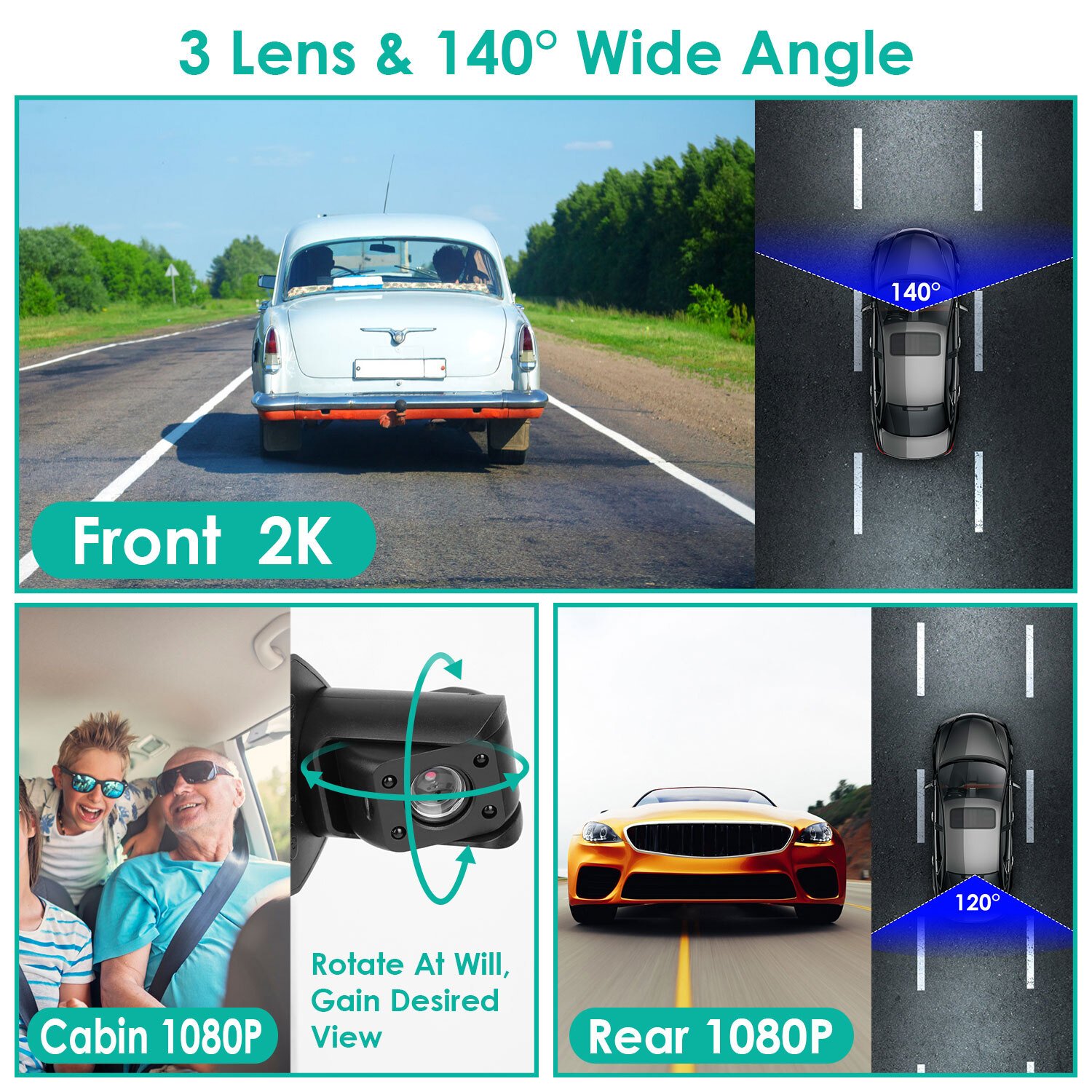 Car DVR 3 Channel Dash Cam Camcorder 2K Camera Recorder & Night Vision &G-sensor - Image 5