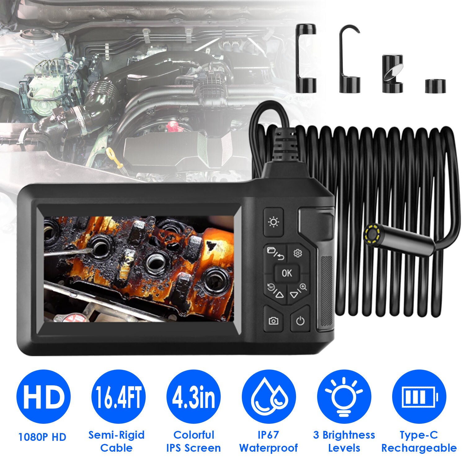 1080P Endoscope Camera 4.3'' Screen Borescope Inspection Snake Camera 16.4FT - Image 2