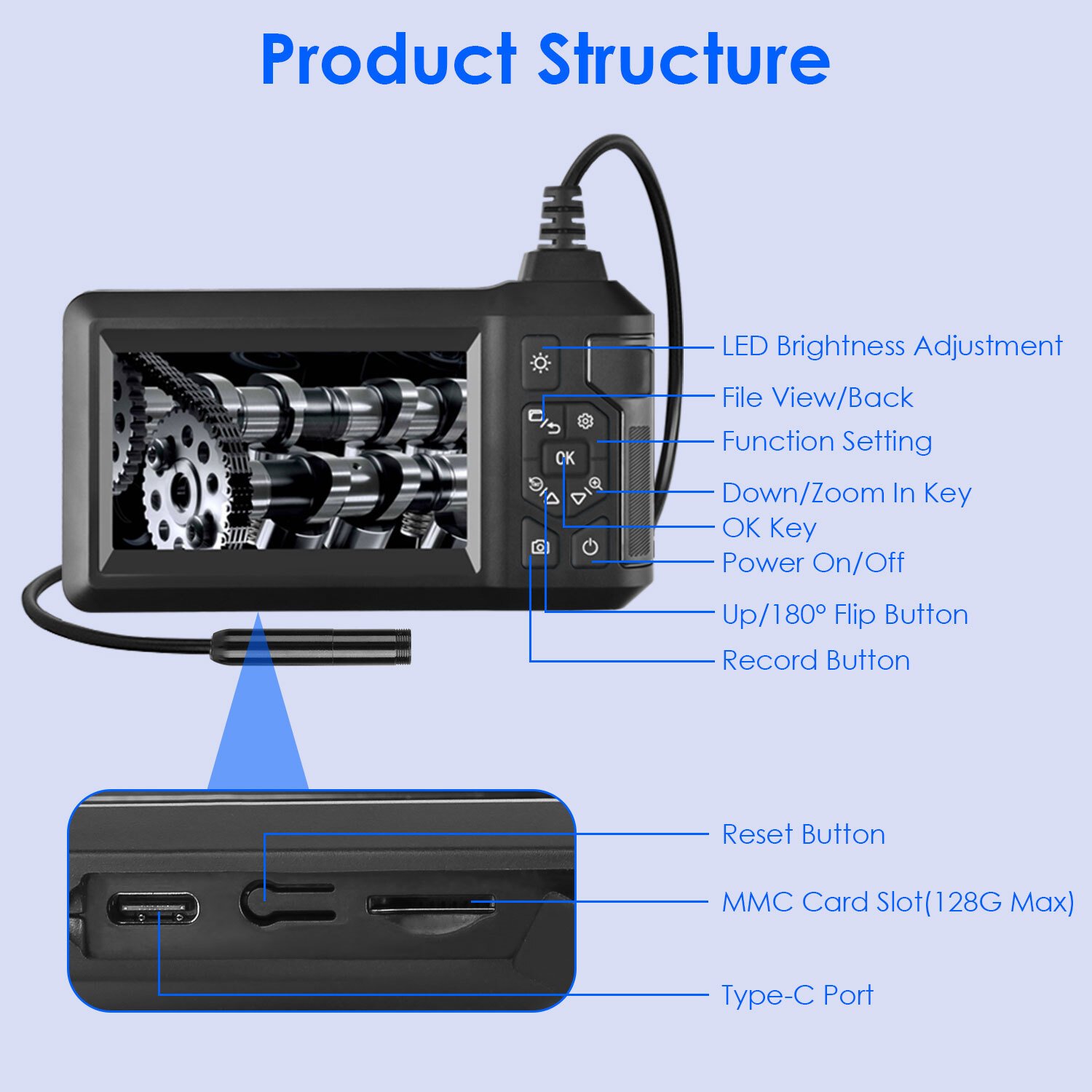 1080P Endoscope Camera 4.3'' Screen Borescope Inspection Snake Camera 16.4FT - Image 3