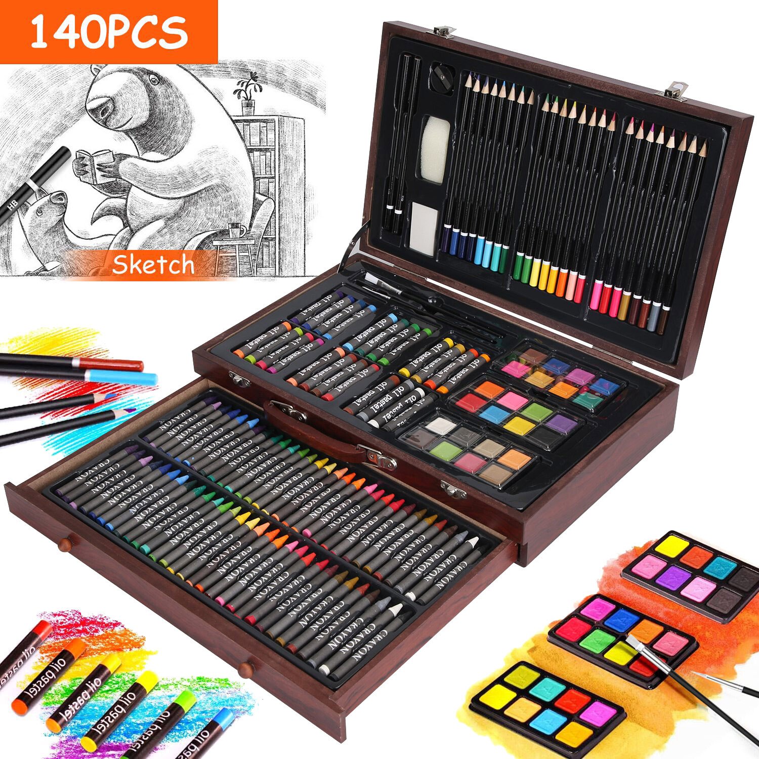 140pcs Art Supplies Artist Studio Creativity Set with Wood Box Case Art Painting