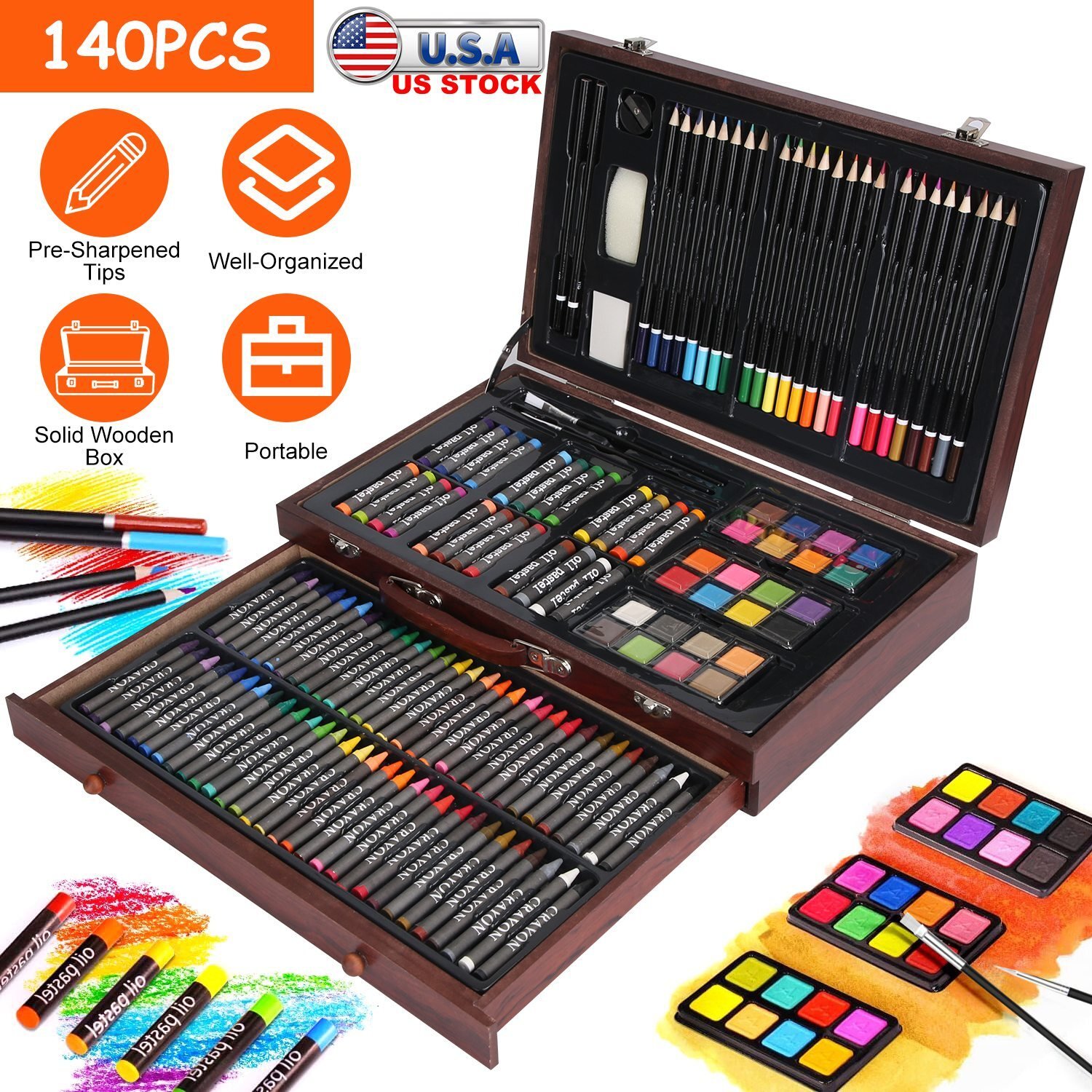 140pcs Art Supplies Artist Studio Creativity Set with Wood Box Case Art Painting - Image 3