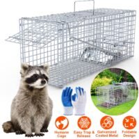 25" Live Animal Cage Trap with Gloves Humane Rodent Raccoon Cage with Iron Door 730056003440