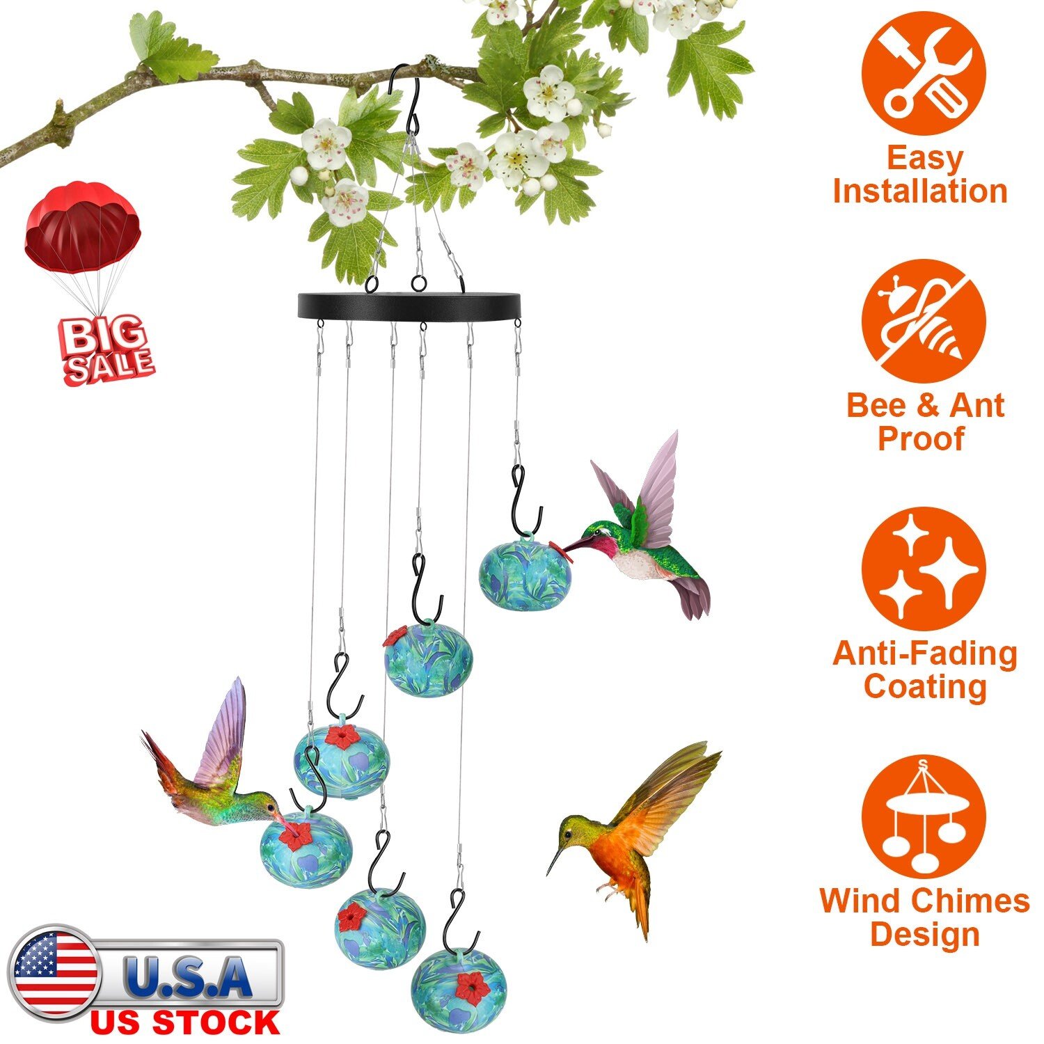 Wind Chimes Hummingbird Bird Feeder Outdoors Hanging Ant Bee Proof Outside Decor 717971905578 - Image 2