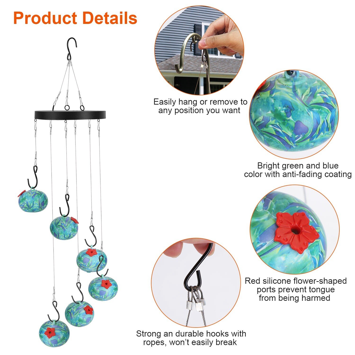 Wind Chimes Hummingbird Bird Feeder Outdoors Hanging Ant Bee Proof Outside Decor 717971905578 - Image 5
