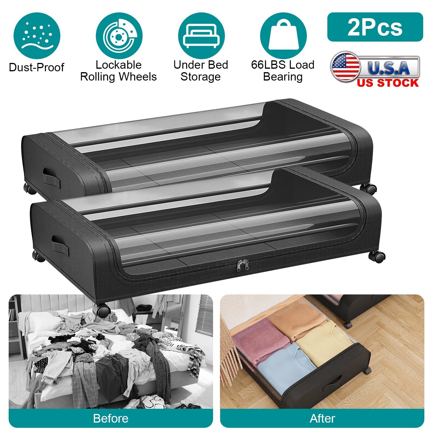 2Pcs Under Bed Storage Containers Rolling Clothing Bedroom Drawers Save Space US