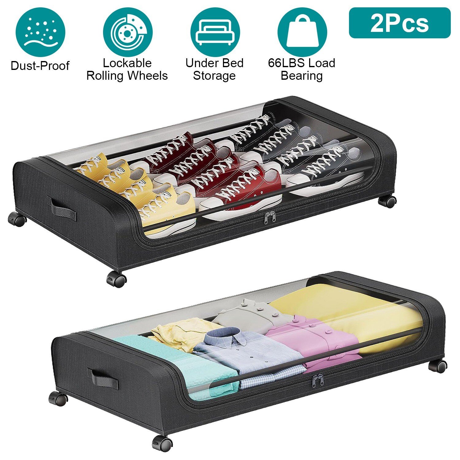 2Pcs Under Bed Storage Containers Rolling Clothing Bedroom Drawers Save Space US - Image 2
