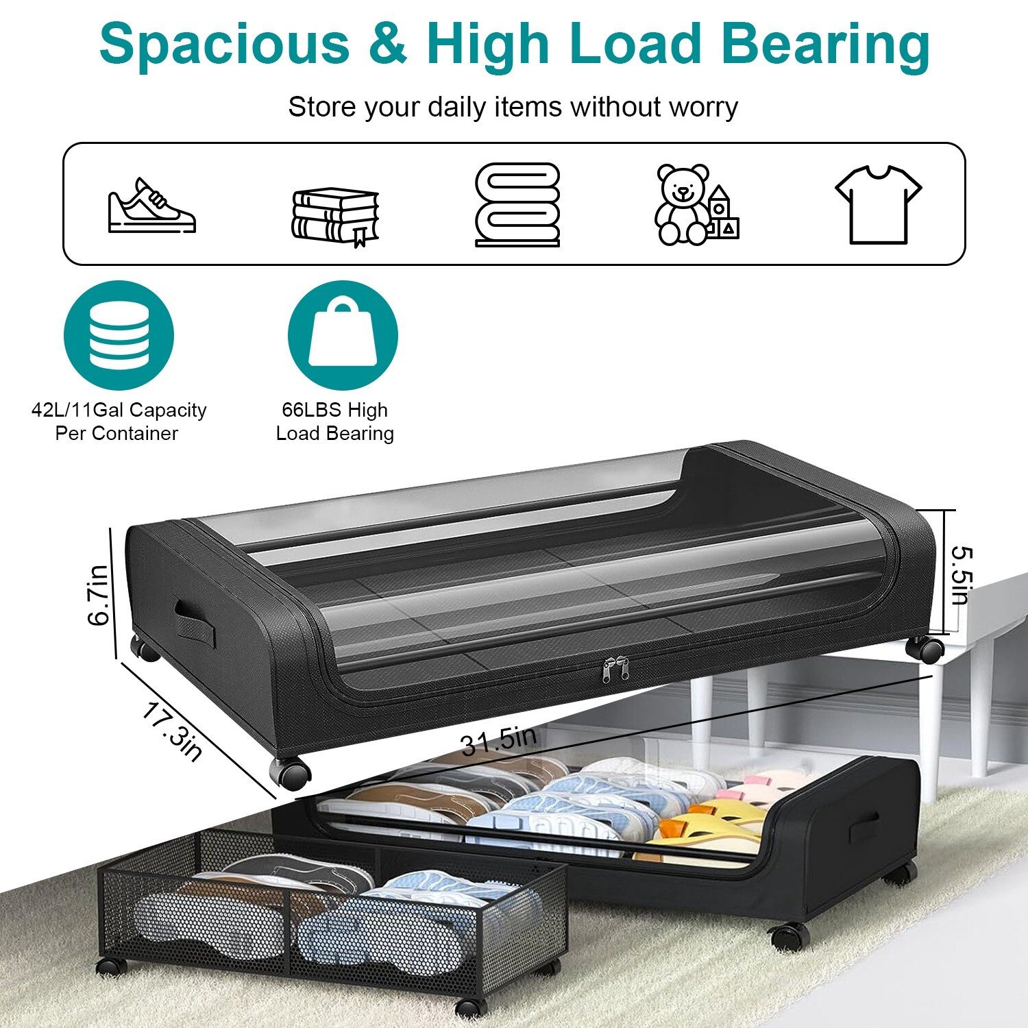 2Pcs Under Bed Storage Containers Rolling Clothing Bedroom Drawers Save Space US - Image 3