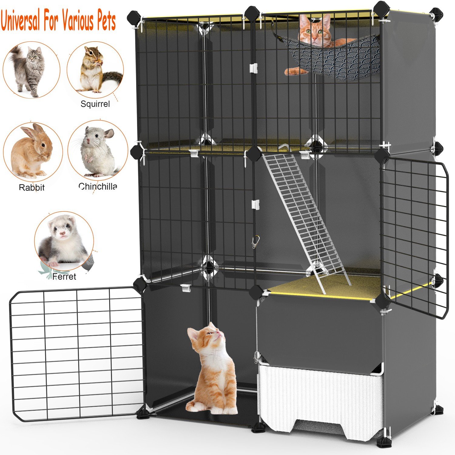 3-Tier Cat Cage Indoor Cat Enclosures with Litter Box Hammock Metal Cat Kennel 730056002238