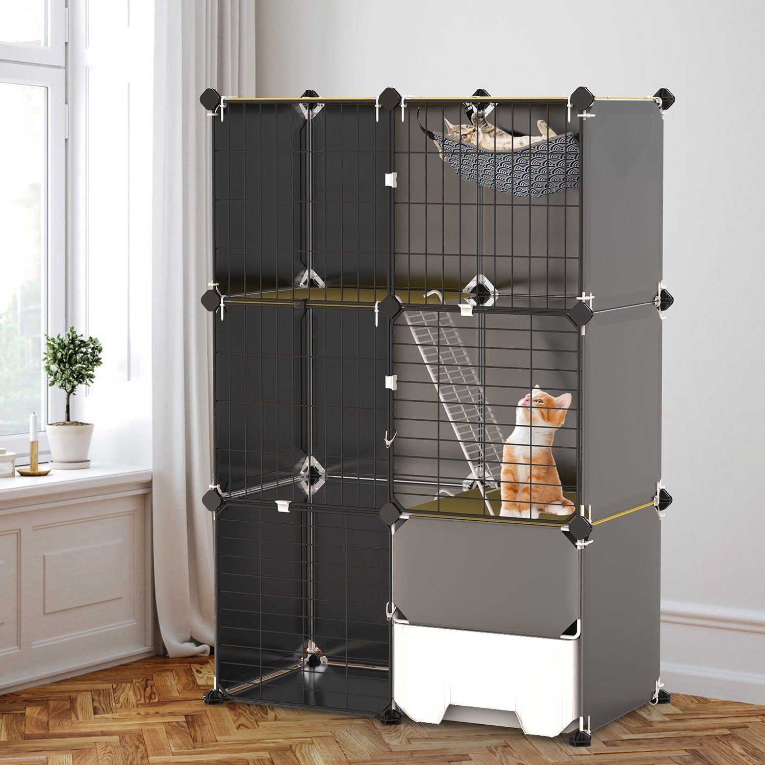 3-Tier Cat Cage Indoor Cat Enclosures with Litter Box Hammock Metal Cat Kennel 730056002238 - Image 4
