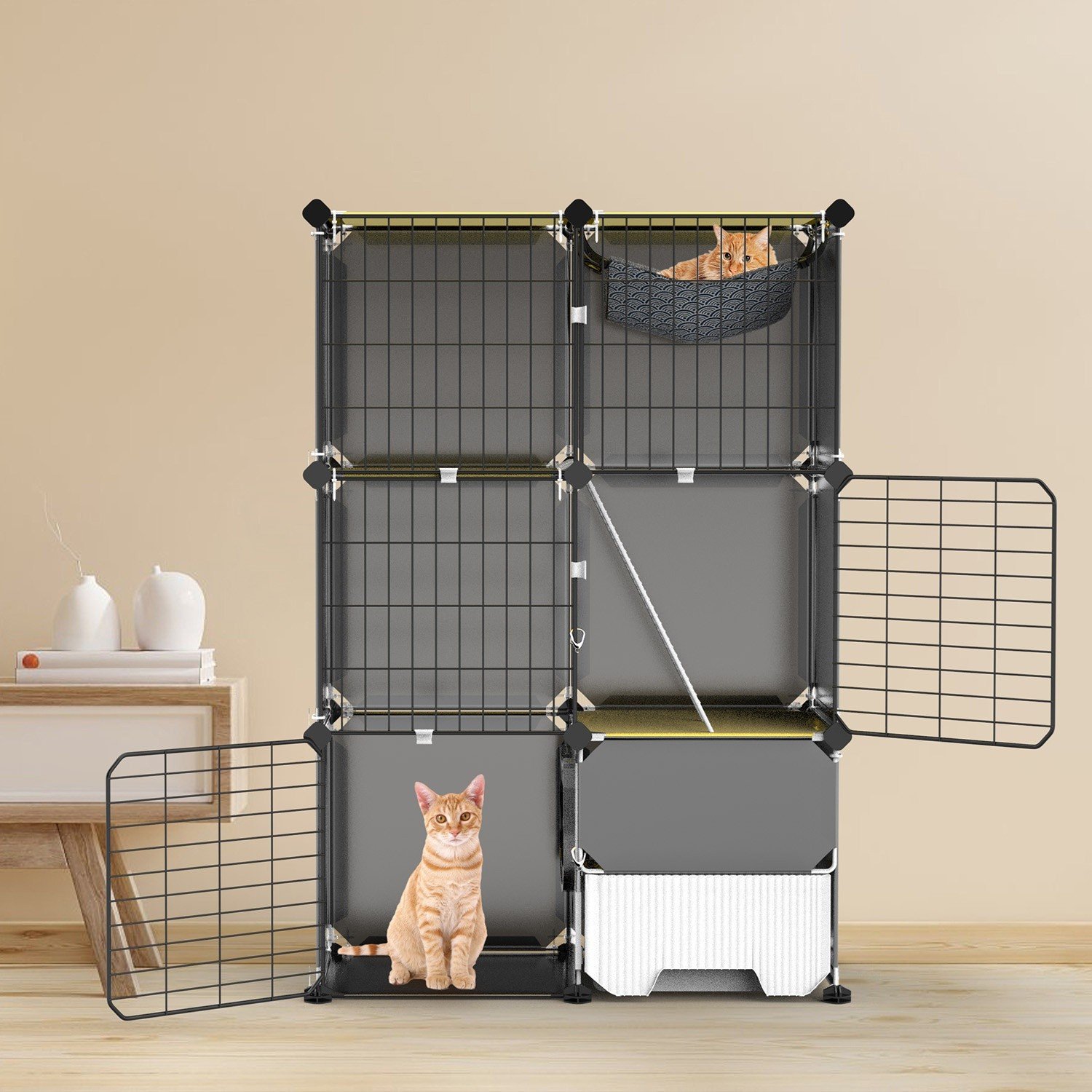 3-Tier Cat Cage Indoor Cat Enclosures with Litter Box Hammock Metal Cat Kennel 730056002238 - Image 5