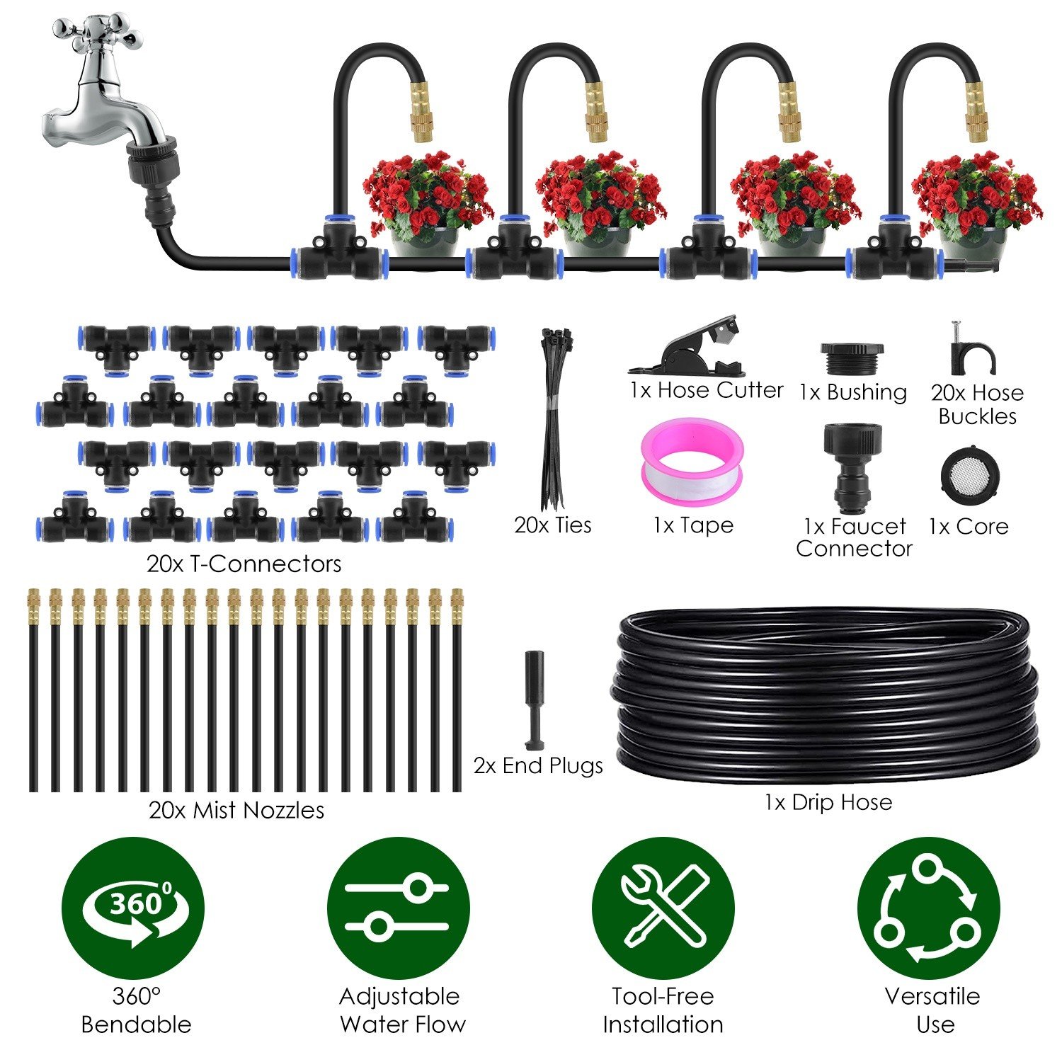49Ft 360° Bendable Drip Irrigation System Kit Automatic with 20PCS Mist Nozzles - Image 2
