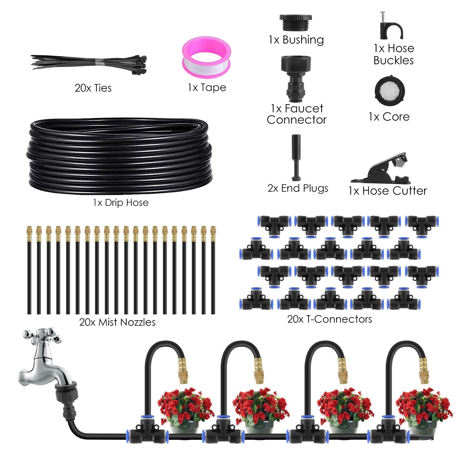 49Ft 360° Bendable Drip Irrigation System Kit Automatic with 20PCS Mist Nozzles - Image 3
