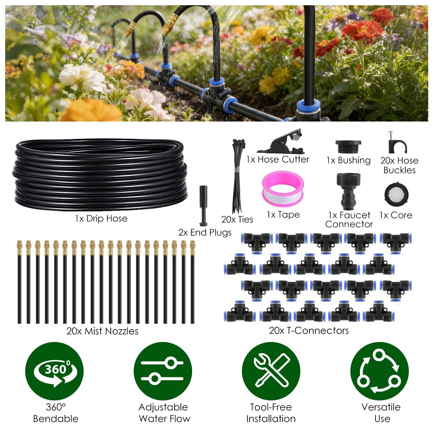 49Ft 360° Bendable Drip Irrigation System Kit Automatic with 20PCS Mist Nozzles - Image 5