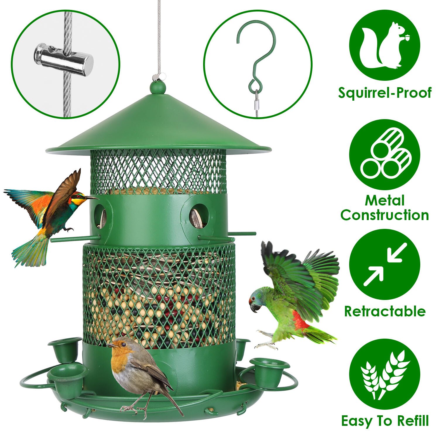 Metal Bird Feeder for Outdoor Hanging Bird Lovers Squirrel Proof w/ 4 Water Cups - Image 2
