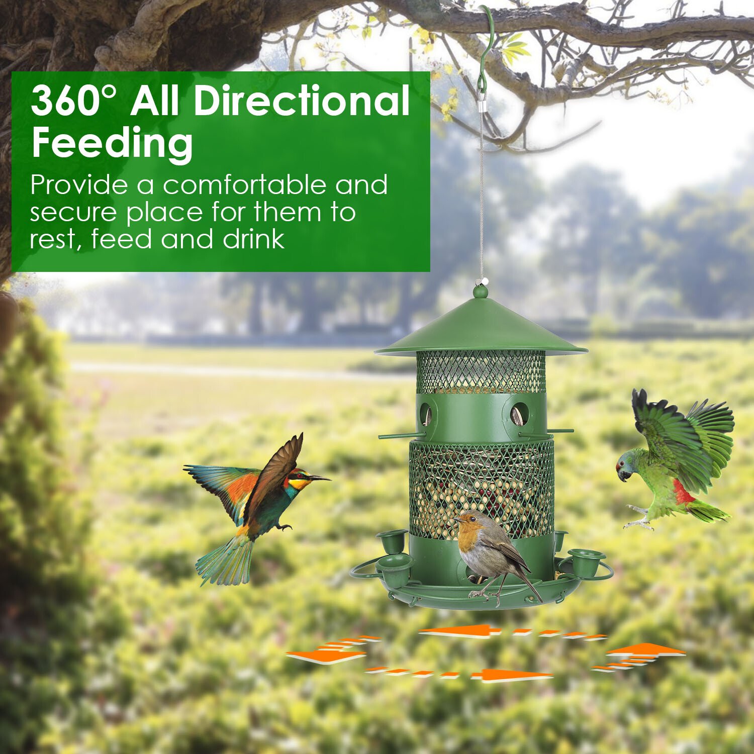 Metal Bird Feeder for Outdoor Hanging Bird Lovers Squirrel Proof w/ 4 Water Cups - Image 4