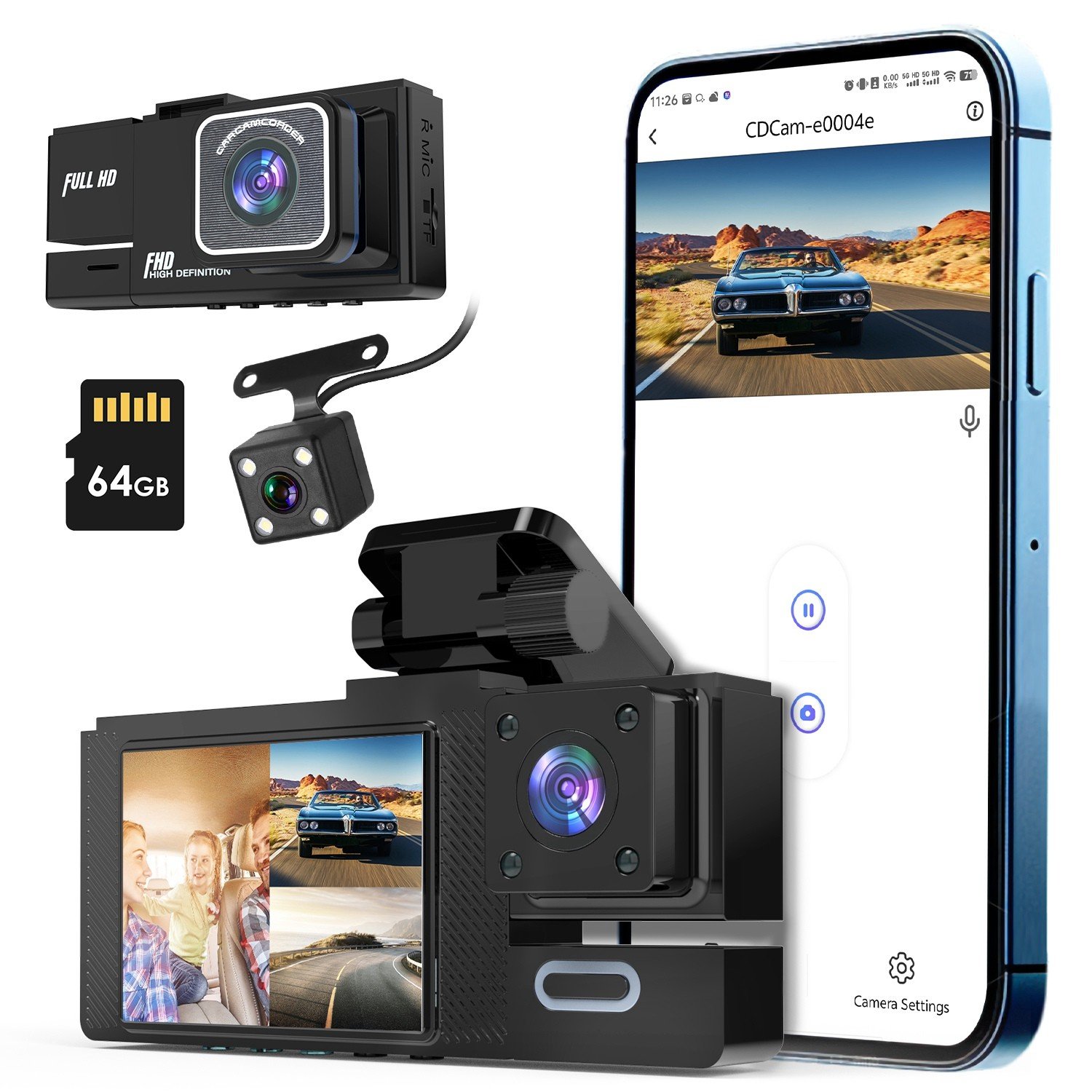 Car Dash Cam WiFi FHD 1080P Front/Rear/Inside Video Recorder Camera w/ 64G Card