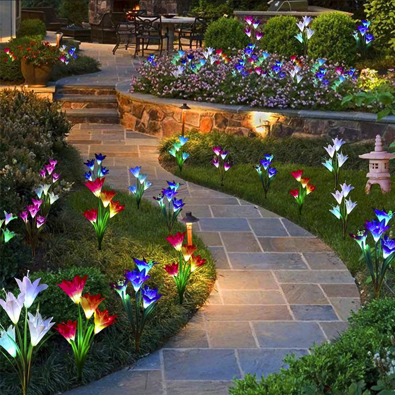 2PCS Solar Lily Flower Lights Outdoor Garden Yard Stake Color Changing LED Lamp