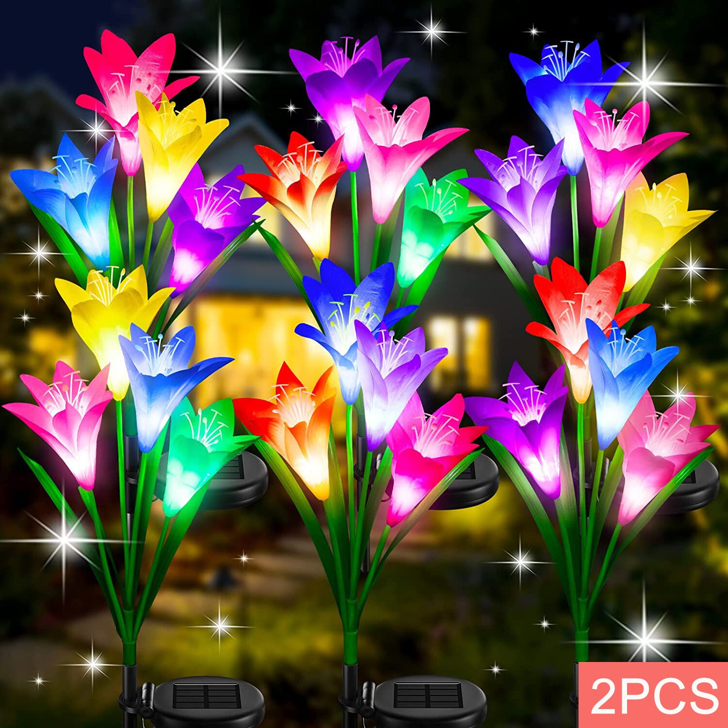 2PCS Solar Lily Flower Lights Outdoor Garden Yard Stake Color Changing LED Lamp - Image 2
