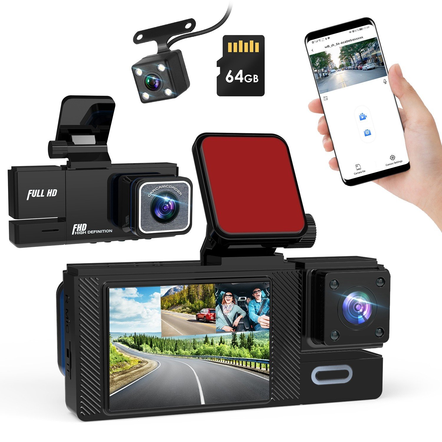Car Dash Cam WiFi FHD 1080P Front/Rear/Inside Video Recorder Camera w/ 64G Card - Image 2