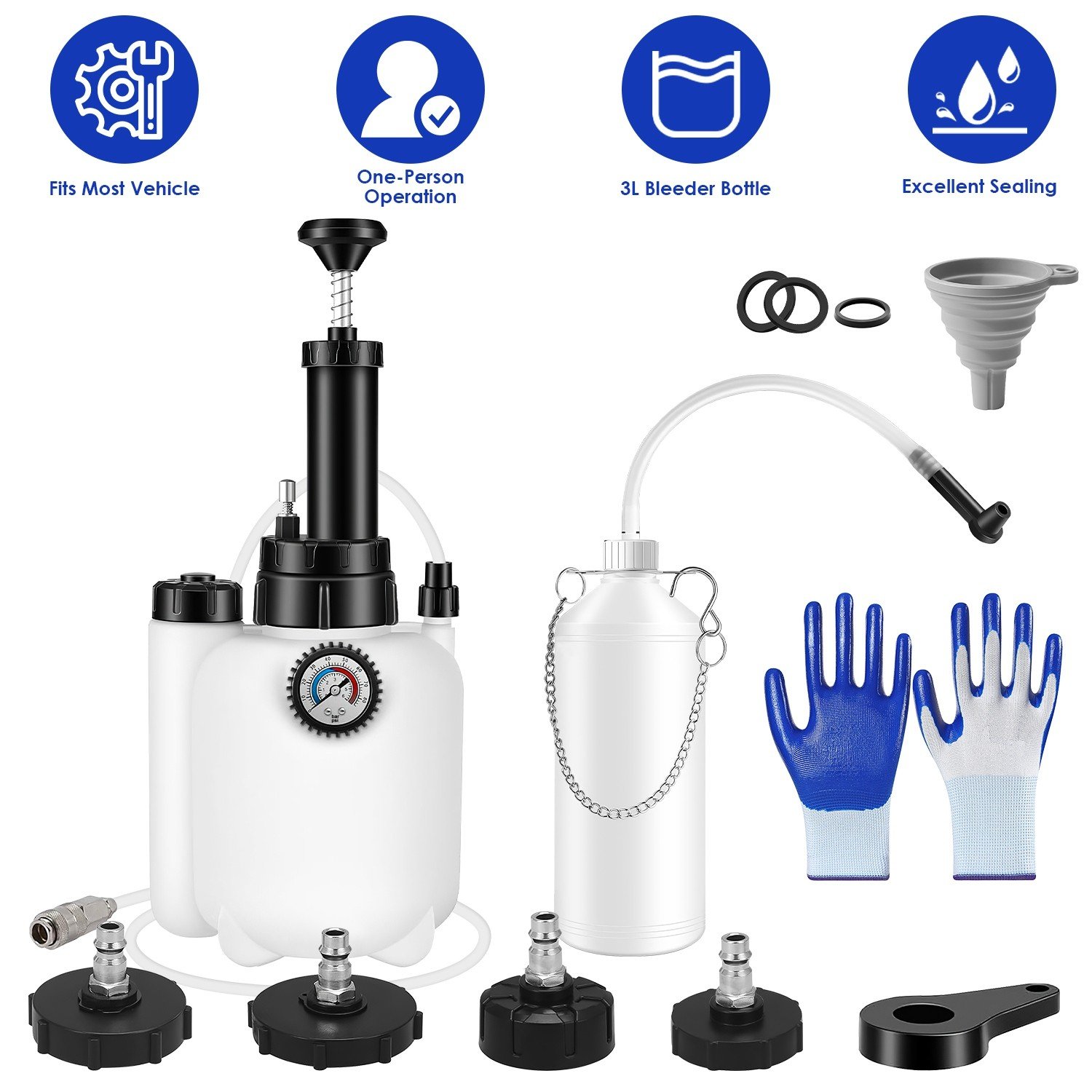 3L Brake Bleeder Kit Manual Fluid Vacuum Pump with 4 Master Cylinder Adapters - Image 2