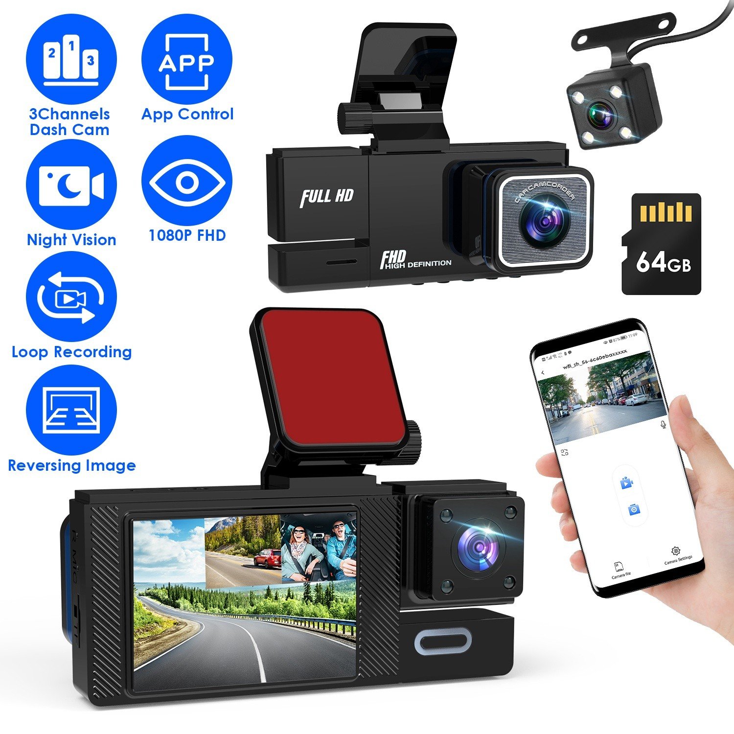 Car Dash Cam WiFi FHD 1080P Front/Rear/Inside Video Recorder Camera w/ 64G Card - Image 3